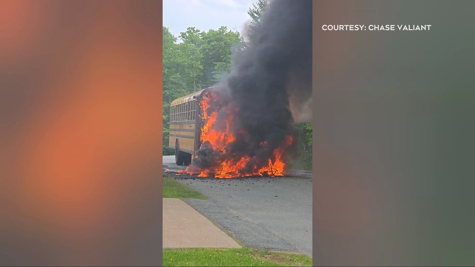 Dramatic video: School bus catches fire in Nova Scotia